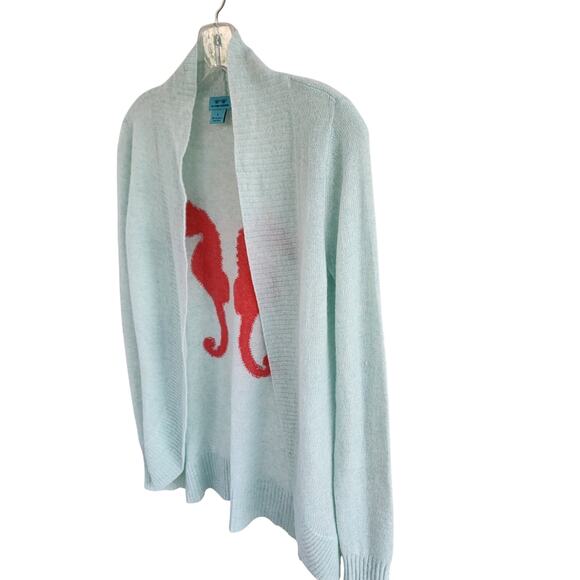 NEW Two Bees Cashmere Cardigan sz Small Light Aqua with Coral Seahorses Reg $297 - Picture 3 of 5